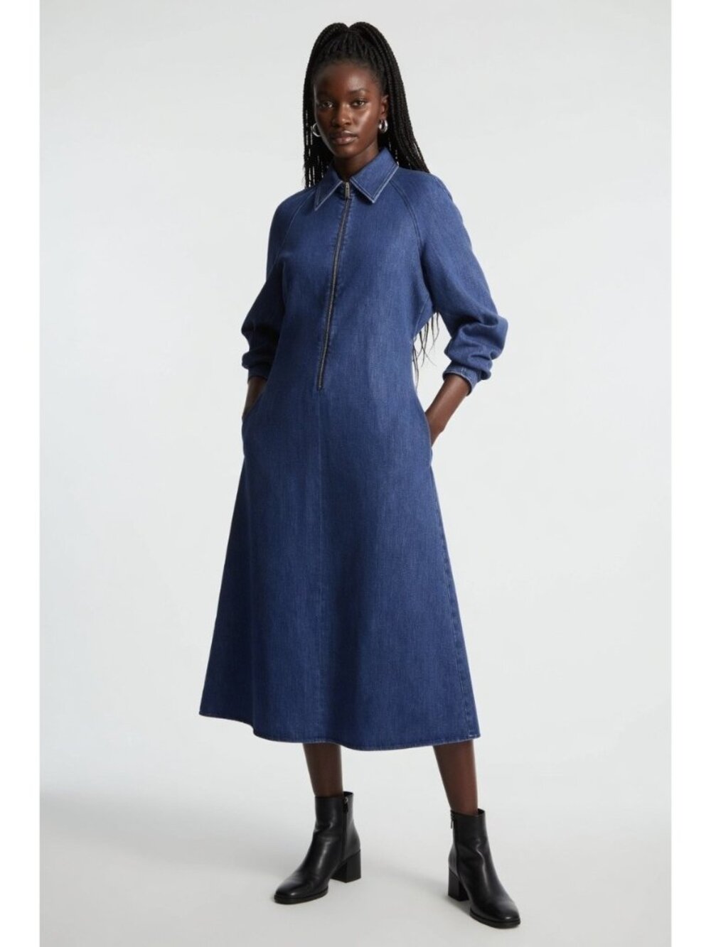 NWT COS Half-Zip Denim Midi in Blue Organic Cotton Jean Dress 4